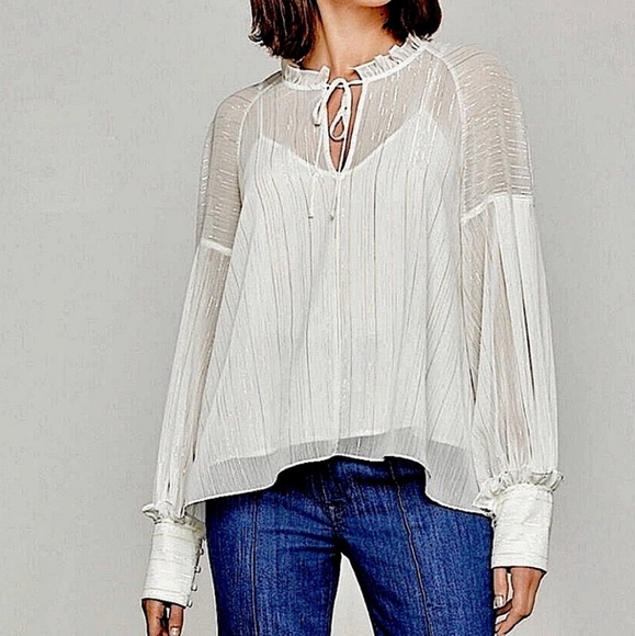 BCBG Top Large Metallic Shimmering New Off White Gold Striped Semi Sheer Boho - Picture 6 of 8